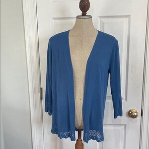 Loft Open-Front cardigan blue Sweater scalloped 3/4 sleeves women’s size M
